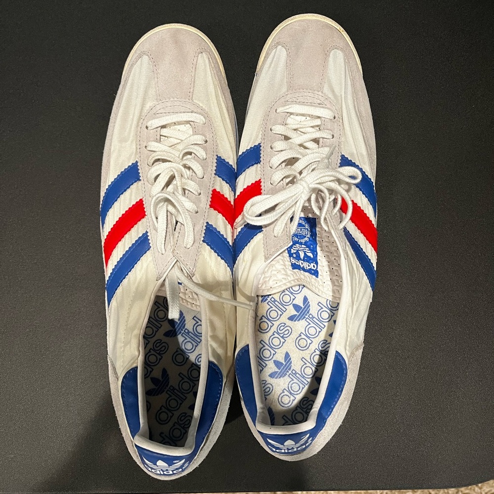 Adidas Men's White Sneakers with Blue and Red Stripes